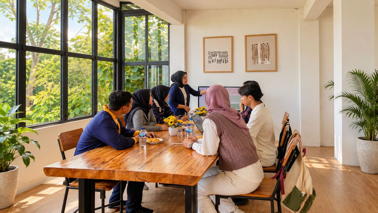 Ilustrasi rapat kecil di ruang meeting berjendela besar menghadap kebun