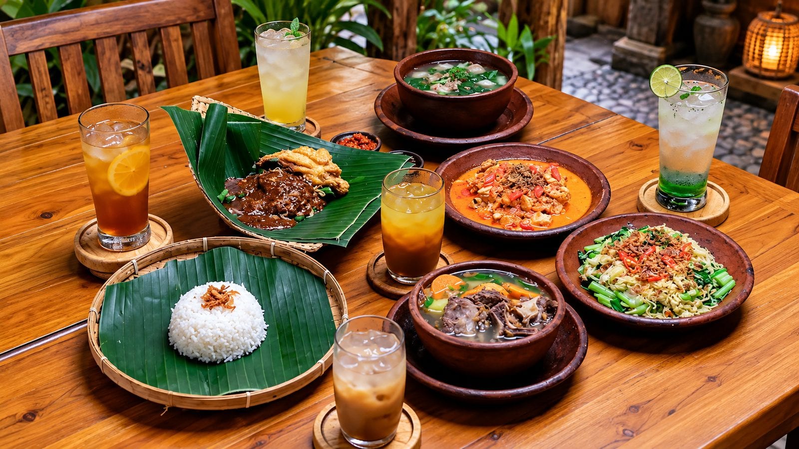 Ilustrasi set menu per meja dengan nasi di daun pisang, aneka lauk, dan minuman